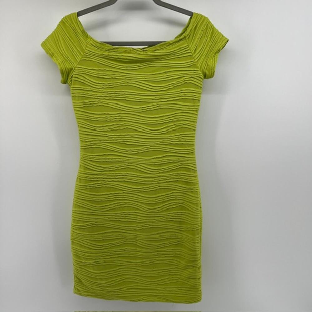 Wet Seal Y2K Bodycon Mini Dress Womens L Lime Green Ruffled Boat Neck Going Out